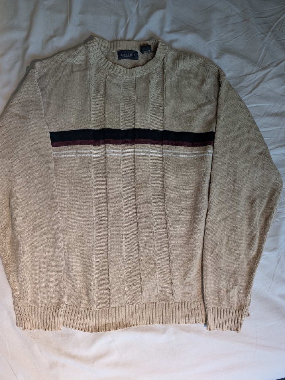 Van Heusen Beige Striped Crewneck Sweater